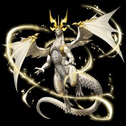  1:1 absurd_res bandai_namco blue_eyes dragon feathered_wings feathers gold_scales grey_body grey_scales hi_res horn layered_stories_0 male membrane_(anatomy) membranous_wings mythological_creature mythological_scalie mythology official_art scales scalie solo tail white_body white_scales wings 