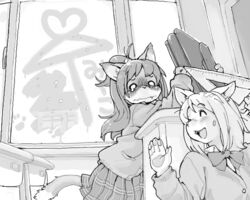  2013 5:4 anthro archived_source blush bottomwear clothed clothing digital_media_(artwork) domestic_cat duo felid feline felis female fur greyscale hair kikurage laugh mammal monochrome open_mouth school_uniform skirt smile text topwear translated uniform window young young_anthro young_female 