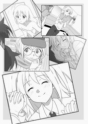  2girls :d :p absurdres alternate_hairstyle bad_id bad_pixiv_id bespectacled blush book border breasts casual cleavage closed_eyes closed_mouth collarbone commentary_request dutch_angle female_pov glasses greyscale hair_down highres hikaru_(ofuton_at5) holding holding_book holding_hands interlocked_fingers kuroki_tomoko long_hair long_sleeves looking_at_another loose_necktie lying mask mask_pull microphone microphone_stand monochrome mouth_mask multiple_girls multiple_views naked_towel necktie nemoto_hina on_bed on_side open_book open_mouth pajamas pants ponytail pov pulling_own_clothes recording_studio school_uniform script shirt short_hair smile standing surgical_mask tearing_up tongue tongue_out towel two_side_up watashi_ga_motenai_no_wa_dou_kangaetemo_omaera_ga_warui! wet wet_hair yuri 