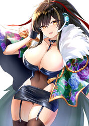  absurdres akusamu alternate_costume azur_lane black_hair blue_flower blue_rose breasts cape choker cleavage female floral_print flower fur_trim garter_straps gloves half_gloves harbin_(azur_lane) headset highres huge_breasts leotard long_hair miniskirt mole mole_under_eye o-ring o-ring_choker ponytail rose skirt white_background yellow_eyes 