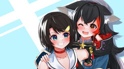  2girls ;d animal_ear_fluff animal_ears bell black_hair blue_eyes blue_shirt blush brown_eyes brown_hair cape commentary_request cosplay costume_switch daichi_(daichi_catcat) detached_sleeves grin hair_ornament hairclip hand_on_another&#039;s_cheek hand_on_another&#039;s_face hand_on_another&#039;s_shoulder highres hololive jingle_bell long_hair long_sleeves looking_at_another multicolored_hair multiple_girls one_eye_closed ookami_mio ookami_mio_(1st_costume) ookami_mio_(cosplay) oozora_subaru oozora_subaru_(cosplay) oozora_subaru_(work) red_cape red_hair sailor_collar shirt short_hair simple_background smile streaked_hair virtual_youtuber white_sailor_collar wolf_ears 