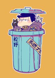  1boy 5plus5 :3 animal animal_on_shoulder black_cat cat_on_shoulder chocolate_chip_cookie cookie esper_nyanko feline food food_in_mouth half-closed_eyes hood hood_down hoodie in_container in_trash_can jitome looking_away male_focus matsuno_ichimatsu mouth_hold object_on_head on_shoulder orange_background osomatsu-kun osomatsu-san osomatsu_(series) outline purple_eyes purple_hoodie simple_background smile translation_request trash_can white_outline 