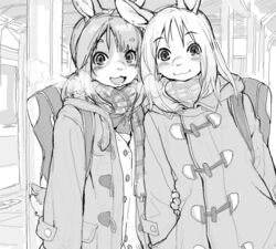  2014 archived_source backpack blush breath clothed clothing coat digital_media_(artwork) duo greyscale hair kemono kikurage lagomorph leporid looking_at_viewer mammal monochrome open_mouth rabbit scarf tongue topwear 