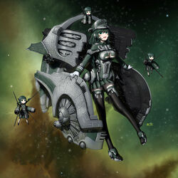  4girls absurdres aiming aiming_at_viewer arm_cannon armored_boots artist_name battleship_(eve_online) black_dress black_footwear black_thighhighs boots breasts cannon carrier chibi cleavage closed_mouth combat_drone_(eve_online) combat_ship_(eve_online) commentary dark_green_hair dominix_(eve_online) dress droneboat_(eve_online) energy_cannon eve_online full_body gallente_federation_(eve_online) gloves glowing green_dress green_eyes green_footwear green_hair green_headwear green_skirt green_theme gun hair_between_eyes heavy_drone_(eve_online) highres long_hair long_legs long_sleeves machinery mcrc_science mecha_musume medium_breasts miniskirt multicolored_clothes multicolored_dress multiple_girls nebula open_mouth original outdoors outstretched_arm personification photoshop_(medium) pleated_skirt science_fiction short_hair size_difference skirt sky smile space star_(sky) starry_sky thighhighs thighs thrusters tongue turret v-shaped_eyebrows weapon white_gloves zettai_ryouiki 