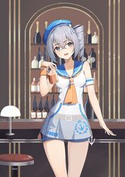  :d absurdres alcohol bar_(place) beret blue_hat blue_shorts bottle bronya_zaychik bronya_zaychik_(valkyrie_chariot) chinese_commentary commentary cup drinking_glass female gk_guoke grey_eyes grey_hair hat highres holding holding_cup homu_(honkai_impact) honkai_(series) honkai_impact_3rd indoors looking_at_viewer sailor_collar see-through see-through_shirt shirt shorts sleeveless sleeveless_shirt smile solo summer_uniform whiskey wine_bottle wine_glass 