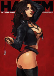  absurdres asami_sato ass avatar_legends belt bikini black_hair black_thighhighs breasts brown_eyes cleavage commentary cover cropped_jacket english_commentary eyelashes eyeshadow fake_magazine_cover female hand_in_own_hair highres jacket large_breasts leash leather leather_jacket lips long_hair looking_at_viewer loose_belt magazine_cover makeup micro_bikini monori_rogue parted_lips photoshop_(medium) red_background red_bikini solo swimsuit the_legend_of_korra thighhighs underboob 