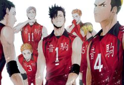  6+boys adapted_costume bare_shoulders black_hair blonde_hair brown_hair buzz_cut elbow_pads fukunaga_shouhei grey_hair haiba_lev haikyuu!! inuoka_sou korean_commentary kozume_kenma kuroo_tetsurou looking_at_viewer male_focus multicolored_hair multiple_boys nekoma_volleyball_uniform parted_lips shirt short_hair sleeveless sleeveless_shirt smile sportswear toned toned_male two-tone_hair ummm_mmma very_short_hair volleyball_uniform yaku_morisuke yamamoto_taketora 