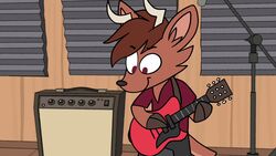  16:9 2023 anthro antlers black_bottomwear black_clothing black_pants bottomwear brown_body brown_fur brown_hair cheek_tuft clothed clothing deer detailed_background digital_drawing_(artwork) digital_media_(artwork) ed_(scratch21) facial_tuft focussed fully_clothed fur guitar guitar_strap hair hi_res hooves horn inner_ear_fluff inside male mammal musical_instrument pants piemations plucked_string_instrument purple_eyes red_clothing red_shirt red_topwear scratch21 scut_tail shirt short_tail smile solo standing string_instrument tail topwear tuft widescreen 