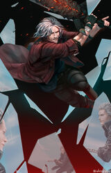  2boys artist_name belt black_gloves black_pants boots broken_glass brothers brown_footwear coat commentary dante_(devil_may_cry) devil_may_cry_(series) devil_may_cry_5 english_commentary facial_hair family fingerless_gloves full_body glass gloves high_collar highres holding holding_sword holding_weapon knee_boots long_sleeves looking_at_viewer male_focus multiple_boys pants photoshop_(medium) red_coat short_hair siblings spoilers stubble sword teeth vergil_(devil_may_cry) weapon white_hair whoareuu 