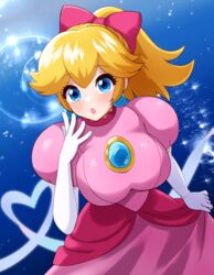  :o absurdres blonde_hair blue_background blue_eyes blush bow breasts brooch cowboy_shot don_(748826) dot_nose dress earrings elbow_gloves female glitter gloves hairbow highres jewelry large_breasts light_particles looking_at_viewer mario_(series) open_mouth pink_bow pink_dress ponytail princess_peach princess_peach:_showtime! puffy_short_sleeves puffy_sleeves shiny_clothes short_hair short_sleeves simple_background skirt_hold solo sphere_earrings surprised white_gloves 