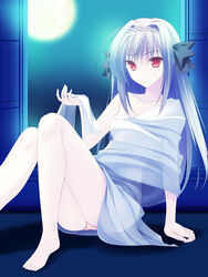  barefoot bow braid commentary_request female grey_hair hairbow long_hair looking_at_viewer moon night panties pantyshot photoshop_(medium) pink_panties red_eyes sakurakouji_luna see-through sitting solo takepon tsuki_ni_yorisou_otome_no_sahou underwear 