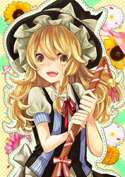  absurdres ayame_(3103942) bad_id bad_pixiv_id bell blonde_hair bow braid candy carnation female floral_background flower food hairbow happy hat highres jelly_bean jingle_bell kirisame_marisa long_hair looking_at_viewer open_mouth outline puffy_short_sleeves puffy_sleeves ribbon short_sleeves single_braid smile solo sunflower touhou upper_body vest witch_hat yellow_eyes 