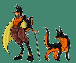  6:5 anthro black_body black_fur bottomwear cane canid canine canis cape chase clothing feral fur jackal male mammal pants red_body red_fur simple_background smile solo sterks yellow_eyes 