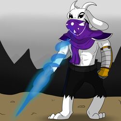  1:1 3_fingers armor asriel_dreemurr_(god_form) barefoot belt black_sclera boss_monster_(undertale) bovid cape caprine clothing crossover crystal_dynamics digital_media_(artwork) feet fingers gauntlets gloves handwear hi_res hybrid legacy_of_kain lyle-gelbfur mammal mountain pauldron raziel_(legacy_of_kain) scarf solo soul_reaver spectral_sword undertale undertale_(series) vampire 