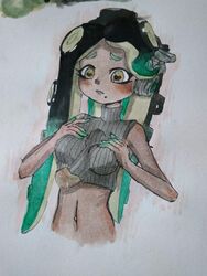  1boy archirai dark_skin female grey_shirt hands_on_own_chest highres marina_(splatoon) mole mole_under_mouth multicolored_hair octoling paizuri paizuri_under_clothes penis shirt splatoon_(series) splatoon_2 stomach straight tentacle_hair 