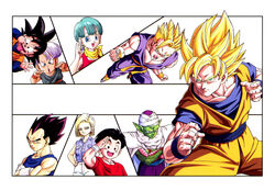  2girls 6+boys android_18 black_eyes black_hair blonde_hair blue_eyes blue_hair brothers bulma_briefs cape collage colored_skin crossed_arms dougi dragon_ball dragon_ball_z dress earrings father_and_son fighting_stance gloves green_eyes green_skin grin hand_on_forehead hands_on_own_cheeks hands_on_own_face happy highres hoi-poi_capsule jacket jewelry kuririn looking_at_viewer mother_and_son multiple_boys multiple_girls namek official_art open_mouth pants piccolo pointy_ears purple_hair red_shirt salute scarf serious shirt short_hair siblings smile son_gohan son_goku son_goten super_saiyan super_saiyan_1 tongue tongue_out trunks_(dragon_ball) turban vegeta white_background white_pants wristband 