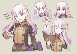  book cake closed_mouth female fire_emblem fire_emblem:_three_houses fire_emblem_heroes food garreg_mach_monastery_uniform grey_background holding holding_book long_hair long_sleeves lysithea_von_ordelia multiple_views one_eye_closed open_book open_mouth pink_eyes plate simple_background smile tarayuki translated uniform upper_body white_hair 