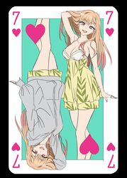  absurdres arm_up barbell_piercing bare_legs bare_shoulders blonde_hair card commentary_request ear_piercing episode_number fake_nails female hand_in_own_hair heart heart_card highres hood hoodie jewelry kitagawa_marin multicolored_hair nightgown official_art piercing pink_hair playing_card red_eyes ring smile sono_bisque_doll_wa_koi_wo_suru yamazaki_jun 