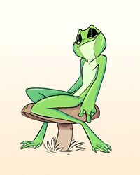  2020 4_toes amphibian anthro bedroom_eyes dark_eyelids disney eyelashes feet female flat_chested fluttershythekind frog full-length_portrait fungus green_body green_skin hi_res looking_at_viewer mushroom narrowed_eyes nude portrait princess_tiana seductive simple_background sitting smile smirk solo the_princess_and_the_frog toes white_background 