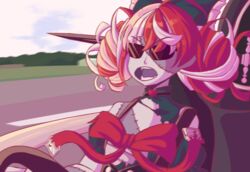  ahoge blurry bow car commentary_request day fangs female hololive hololive_indonesia jeremy_clarkson jeremy_clarkson_driving_an_ariel_atom_(meme) kureiji_ollie kureiji_ollie_(1st_costume) medium_hair meme motor_vehicle multicolored_hair open_mouth outdoors red_bow red_hair solo sunglasses teeth top_gear virtual_youtuber white_hair zetxune zombie 