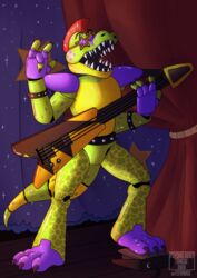  2020 absurd_res alligator alligatorid animatronic anthro black_claws black_eyebrows black_nails bodypaint bottomwear bracelet claws clothed clothing colored_nails crocodilian curtains devil_horns_(gesture) eyebrows eyewear face_paint five_nights_at_freddy&#039;s five_nights_at_freddy&#039;s:_security_breach gesture glasses green_body green_nose green_tail guitar hair hand_gesture hi_res jewelry machine male mohawk montgomery_gator multicolored_body multicolored_eyewear multicolored_face multicolored_glasses multicolored_tail musical_instrument nails open_mouth orange_eyewear orange_glasses pants plucked_string_instrument pseudo_clothing psychologistart purple_body purple_eyewear purple_feet purple_glasses raised_arm red_hair reptile robot rockstar scalie scottgames sharp_teeth short_hair solo standing star star_glasses steel_wool_studios string_instrument tail teeth toe_claws topless yellow_body yellow_face yellow_tail 