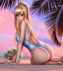  artist_name ass backless_outfit backless_swimsuit bare_back bare_shoulders beach blonde_hair blue_eyes blue_one-piece_swimsuit blush breasts female highres liang_xing lips looking_at_viewer looking_back metroid metroid_(creature) mole mole_on_arm mole_on_ass mole_on_back mole_on_shoulder mole_under_mouth one-piece_swimsuit outdoors palm_tree patreon_username ponytail samus_aran sand signature solo swimsuit thighs tree turning_head web_address 