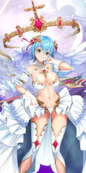  absurdres angel angel_wings armlet armpits ass_visible_through_thighs asymmetrical_wings bad_id bad_pixiv_id bare_shoulders blue_hair blush bow bra breasts brooch cleavage collar detached_collar feathered_wings female frilled_skirt frills game_screenshot gem gloves gold green_eyes hair_ornament hair_ribbon hairbow halo highres jewelry large_breasts linea_alba mechanical_halo midriff nanael_(queen&#039;s_blade) navel panties pearl_(gemstone) puffy_sleeves queen&#039;s_blade queen&#039;s_blade_limit_break red_gemstone red_ribbon resized revealing_clothes ribbon see-through see-through_gloves short_hair showgirl_skirt skirt smile solo standing stomach teeth thighhighs thighs third-party_source underwear upscaled veil white_bra white_collar white_gloves white_skirt white_thighhighs white_wings wings 