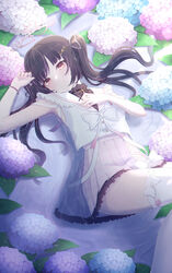  absurdres akazaki_yukino birthmark black_hair black_shirt blue_flower blush bow bracelet collared_shirt commentary_request commission female flower frilled_shirt frilled_skirt frills hair_ornament hair_ribbon hand_on_own_chest highres himemiya_rie hydrangea jewelry long_hair looking_at_viewer lying on_back phase_connect pink_eyes pink_flower pink_skirt pixiv_commission pleated_skirt purple_flower ribbon shirt skirt sleeveless sleeveless_shirt smile solo thighhighs tiara twintails virtual_youtuber white_bow white_flower white_shirt white_thighhighs 