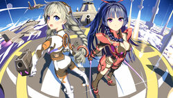  2girls :d absurdres aiming aiming_at_viewer aircraft airplane amigo_(hua_cao) ass back blue_eyes blue_sky bodysuit braid breasts cleavage closed_mouth cloud cloudy_sky dual_wielding fisheye gun handgun highres holding holding_gun holding_sword holding_weapon honkai_(series) honkai_impact_3rd jet katana kiana_kaslana kiana_kaslana_(white_comet) long_hair multiple_girls open_mouth outdoors pink_bodysuit ponytail purple_eyes purple_hair raiden_mei raiden_mei_(crimson_impulse) sky smile standing sword twin_braids weapon white_bodysuit white_hair 