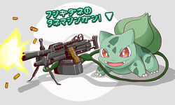  2020 absurd_res ambiguous_gender ammunition bulbasaur bullet digital_media_(artwork) elemental_creature feral flora_fauna generation_1_pokemon green_body gun hi_res holding_object japanese_text looking_at_viewer m249 machine_gun markings nintendo okmt_redbull open_mouth open_smile plant plant_tentacles pokemon pokemon_(species) quadruped ranged_weapon red_eyes scalie smile solo spots spotted_body spotted_skin standing text translated vine_tentacles vines weapon 