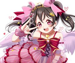  \m/ angel_wings arm_up armpits bare_shoulders black_hair blush bow brooch commentary detached_sleeves dot_nose dress feathered_wings female frilled_dress frills hair_ornament hairbow heart heart_hair_ornament heart_necklace highres jewelry layered_dress looking_at_viewer love_live! love_live!_school_idol_festival_all_stars love_live!_school_idol_project necklace official_alternate_costume open_mouth pink_bow pink_dress pink_eyes puffy_short_sleeves puffy_sleeves ranemu red_bow short_hair short_sleeves signature simple_background smile solo spaghetti_strap teeth tiara twintails upper_body upper_teeth_only white_background wings wrist_cuffs x_hair_ornament yazawa_nico 