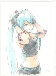  :o aqua_eyes aqua_hair bangle belt black_shirt black_skirt bracelet commentary crop_top dancer_(module) epoxy_putty female fingerless_gloves gloves hair_ornament hands_in_hair hands_up hatsune_miku jewelry long_hair looking_at_viewer midriff navel notice_lines painting_(medium) shirt signature skinny skirt solo spaghetti_strap traditional_media twintails unworn_belt upper_body very_long_hair vocaloid watercolor_(medium) white_background 