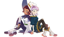  2girls amity_blight boots breasts brown_eyes brown_hair couple dark-skinned_female dark_skin eyebrow_cut glyph hair_slicked_back hat holding_hands kuma20151225 luz_noceda multiple_girls pantyhose pointy_ears purple_hair scar sitting small_breasts smile the_owl_house witch_hat yellow_eyes yuri 