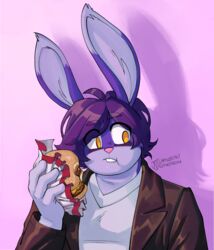  anthro arthur_(lapinbeau) bodily_fluids brown_clothing burger clothed clothing domestic_rabbit eating eyebrows fingers flemish_giant food fur hair hi_res humanoid_hands lagomorph lapinbeau leporid male mammal multicolored_body multicolored_ears multicolored_fur oryctolagus pink_nose purple_body purple_ears purple_fur purple_hair rabbit saliva shirt signature simple_background solo teeth topwear two_tone_body two_tone_ears two_tone_fur white_clothing white_shirt white_topwear yellow_eyes 