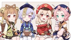  5girls :3 :d ahoge animal_ear_fluff animal_ears backpack backpack_basket bag bag_charm bandaged_leg bandages bangs_pinned_back basket bead_necklace beads bell black_nails black_shorts bloomers bottle bow bowtie braid brown_eyes brown_gloves brown_hair brown_scarf cabbie_hat cat_ears cat_girl cat_tail charm_(object) chinese_clothes clover_print coat coconut coin_hair_ornament commentary_request detached_sleeves diona_(genshin_impact) dodoco_(genshin_impact) drinking_straw fruit_cup genshin_impact gloves hair_between_eyes hair_ornament hair_ribbon halo hat hat_feather hat_ornament highres jewelry jiangshi jumpy_dumpty klee_(genshin_impact) light_brown_hair long_hair looking_at_viewer low_ponytail low_twintails mechanical_halo multiple_girls necklace ofuda open_mouth orange_eyes orb paimon_(genshin_impact) paw_pose paw_print paw_print_palms pocket pointy_ears purple_eyes purple_hair qingdai_guanmao qiqi_(genshin_impact) randoseru red_coat red_headwear ribbon scarf short_hair shorts sidelocks simple_background single_braid sitting smile softrabbit tail thighhighs twintails underwear white_legwear yaoyao_(genshin_impact) yin_yang yin_yang_orb yuegui_(genshin_impact) 