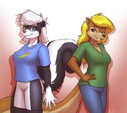  amy_the_squirrel anthro blonde_hair blue_eyes bottomwear breasts clothing duo eyewear female glasses green_eyes hair hi_res looking_at_viewer mammal mephitid messy_hair mykegreywolf rodent sabrina_(sabrina_online) sabrina_online sciurid shorts simple_background skunk smile tree_squirrel white_hair 