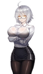  absurdres ahoge arms_under_breasts black-framed_eyewear black_bra black_pantyhose blush bra breasts cha_hou collared_shirt commentary_request cowboy_shot crossed_arms dress_shirt fate/grand_order fate_(series) female glasses grey_hair hair_between_eyes highres jeanne_d&#039;arc_alter_(avenger)_(fate) jeanne_d&#039;arc_alter_(fate) lace lace_bra large_breasts looking_at_viewer miniskirt office_lady open_mouth pale_skin pantyhose pencil_skirt photoshop_(medium) see-through shirt short_hair skirt solo thighs underwear white_shirt yellow_eyes 