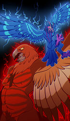  2020 4_toes absurd_res anthro anthrofied aura avian avian_feet bassybefuddle beak black_background black_eyes blue_body blue_feathers blue_stripes blue_wings brown_body brown_feathers capcom claws conditional_dnp demon devil_may_cry devil_may_cry_5 duo feathers feet flying glowing glowing_eyes grey_beak griffon_(devil_may_cry) gryphon hi_res male mythological_avian mythological_creature mythology nude open_mouth pink_body pink_feathers pink_stripes pupils purple_claws red_body red_feathers red_stripes simple_background slightly_chubby slightly_chubby_anthro slightly_chubby_male slit_pupils spread_wings standing striped_wings stripes talons tan_body tan_feathers toe_claws toes tongue tongue_out wings yellow_sclera 