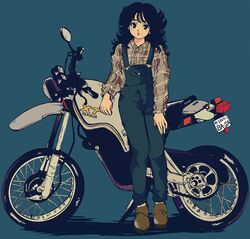  1980s_(style) black_hair blue_background breasts commentary_request female flat_chest full_body highres leaning_against_motorcycle loafers long_hair motor_vehicle motorcycle nakamori_akina overalls oversized_clothes pikurusu plaid plaid_shirt real_life retro_artstyle shirt shoes solo yamaha yamaha_xt 