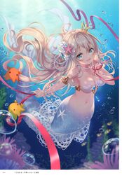  absurdres air_bubble animal armlet artist_name bare_shoulders blonde_hair blue_eyes blurry blurry_background blush bracelet breasts bubble cleavage clownfish collarbone coral crown female fish full_body hair_ornament highres index_finger_raised jewelry long_hair looking_at_viewer medium_breasts melonbooks mermaid mini_crown monster_girl navel necklace ocean page_number pearl_bracelet pearl_necklace scales scan serino_itsuki simple_background smile solo stomach submerged water 