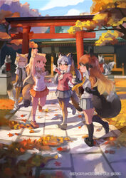  4girls animal_ears autumn_leaves bad_id bad_twitter_id bare_shoulders black_hair black_legwear blonde_hair blush bow bowtie collared_shirt commentary_request elbow_gloves extra_ears fox_ears fox_girl fox_statue fox_tail fur_trim gloves grey_hair grey_skirt holding_hands island_fox_(kemono_friends) jacket kemono_friends kemono_friends_3 long_hair long_sleeves multicolored_hair multiple_girls necktie official_art orange_eyes orange_hair orange_legwear orange_necktie orange_skirt outdoors pale_fox_(kemono_friends) pantyhose pleated_skirt red_fox_(kemono_friends) red_jacket saltlaver scarf shirt short_hair short_sleeves shrine skirt sleeveless socks sweatband tail tibetan_fox_(kemono_friends) torii twintails white_bow white_bowtie white_gloves white_hair white_necktie yellow_eyes 