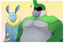  anthro arthropod barazoku beetle blue_body bug_fables duo girl_staring_at_man&#039;s_chest green_body hi_res horn insects kabbu_(bug_fables) leif_(bug_fables) lepidopteran male meme moonsprout_games moth muscular muscular_male musical_note neck_tuft no_pupils one_eye_closed redeyedgazer slightly_chubby tuft white_eyes 