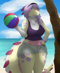  2021 anthro ball beach beach_ball cloud crocodile crocodilian crocodylid female fur hair hi_res inflatable mamadile reptile scales scalie seaside solo voirath 