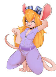  2021 absurd_res anthro blonde_hair breasts chip_&#039;n_dale_rescue_rangers clothing disney eyewear eyewear_on_head female gadget_hackwrench goggles goggles_on_head hair hi_res jumpsuit long_hair mammal mouse murid murine one_eye_closed open_mouth oumseven rodent simple_background smile solo white_background 