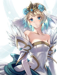  absurdres artist_name bare_shoulders blonde_hair blue_hair breasts bridal_gauntlets bridal_veil bride bride_(fire_emblem) clear_glass_(mildmild1311) collarbone crown dress elbow_gloves feather_trim female fire_emblem fire_emblem_heroes fjorm_(bridal)_(fire_emblem) fjorm_(fire_emblem) flower frills gloves gradient_hair hair_flower hair_ornament highres looking_at_viewer multicolored_hair official_alternate_costume short_hair signature simple_background small_breasts smile solo strapless strapless_dress twitter_username upper_body veil wedding_dress white_background white_dress white_gloves 