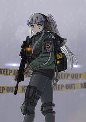  agent_416_(girls&#039;_frontline) assault_rifle axe backpack bag black_pantyhose black_shorts blunt_bangs brown_gloves caution_tape facial_mark female girls&#039;_frontline gloves green_eyes green_jacket grey_hair gun hair_ornament headphones headset hk416_(girls&#039;_frontline) holding holding_gun holding_weapon jacket keep_out knee_pads laser_sight long_hair long_sleeves looking_at_viewer p416 pantyhose ponytail pouch rifle scope short_shorts shorts solo tab_(tabkun) teardrop thigh_pouch tom_clancy&#039;s_the_division weapon 