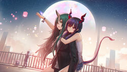  2girls green_hair long_hair original pink_eyes yellow_eyes yizhibao 