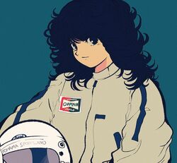  1980s_(style) black_background black_hair blue_background champion_(company) commentary_request female helmet holding holding_helmet long_hair looking_at_viewer nakamori_akina pikurusu racing_suit real_life retro_artstyle solo unworn_headwear unworn_helmet 