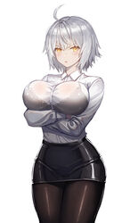  absurdres ahoge arms_under_breasts black_bra black_pantyhose blush bra breasts cha_hou collared_shirt commentary_request cowboy_shot crossed_arms dress_shirt fate/grand_order fate_(series) female grey_hair hair_between_eyes highres jeanne_d&#039;arc_alter_(avenger)_(fate) jeanne_d&#039;arc_alter_(fate) lace lace_bra large_breasts looking_at_viewer miniskirt office_lady open_mouth pale_skin pantyhose pencil_skirt photoshop_(medium) see-through shirt short_hair skirt solo thighs underwear white_shirt yellow_eyes 