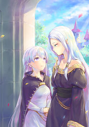  2girls blue_sky breasts cape castle cloud collarbone commentary_request day dress fire_emblem fire_emblem:_the_binding_blade green_eyes idunn_(fire_emblem) leaf long_hair looking_at_another medium_breasts multiple_girls off-shoulder_dress off_shoulder pointy_ears purple_cape purple_dress purple_eyes purple_hair sky sophia_(fire_emblem) unigon_(kitsutsuki) very_long_hair 